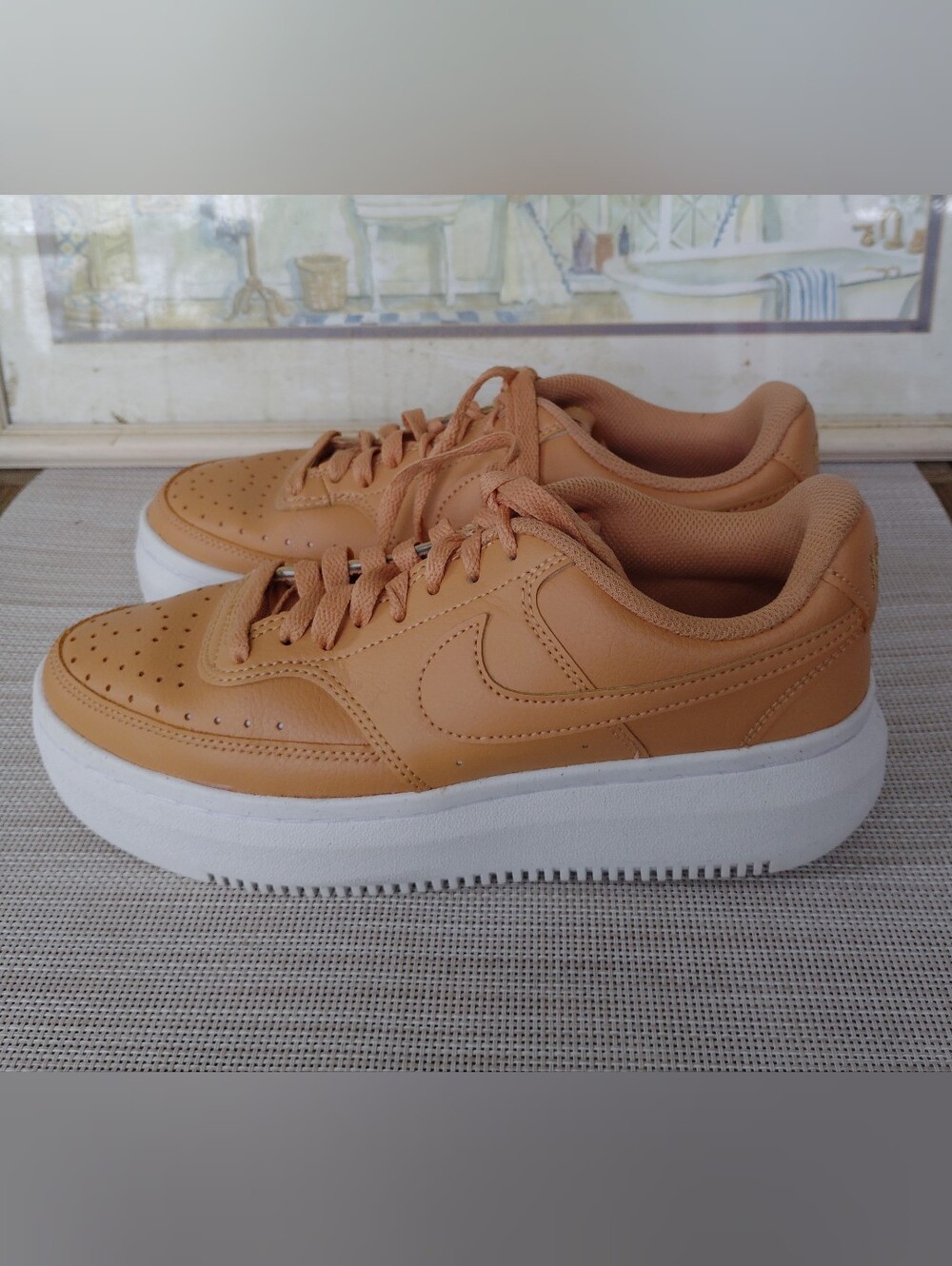 Women's Nike "Court Vision Alta LTR" Light Cognac Leather Platforms. Size 8.5.